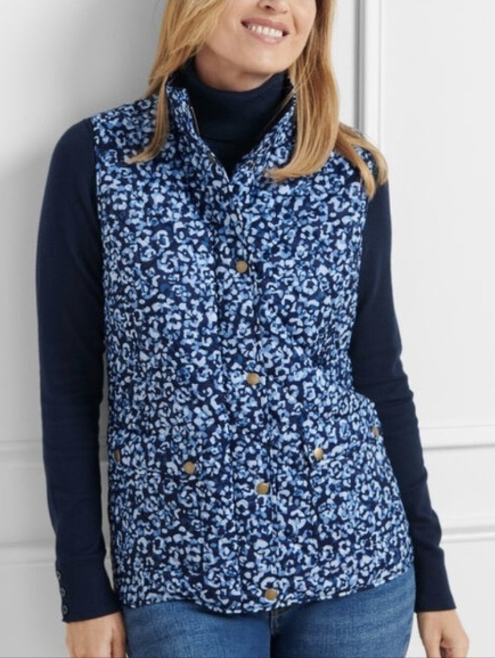 Talbots Blue Quilted Leopard-Print Vest